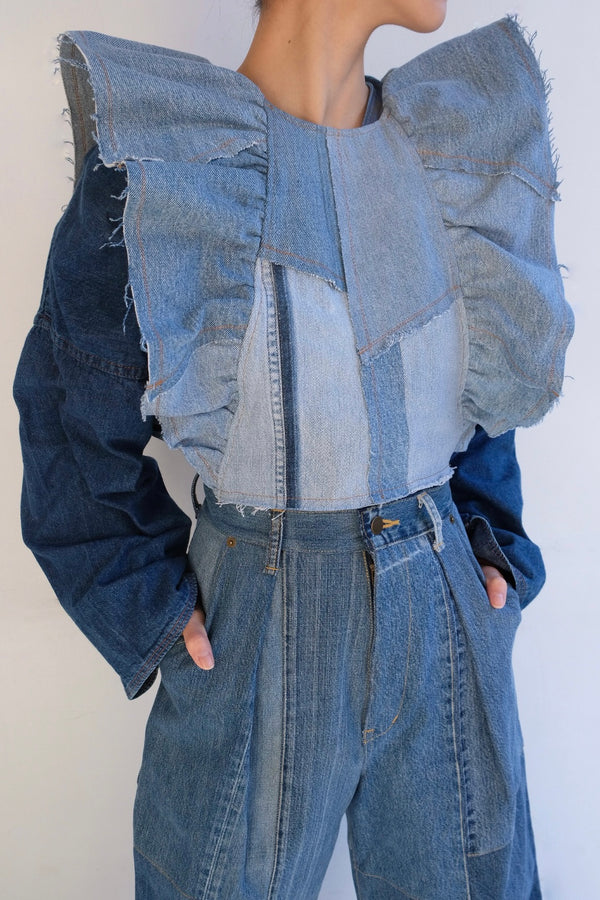 denim frill backless top