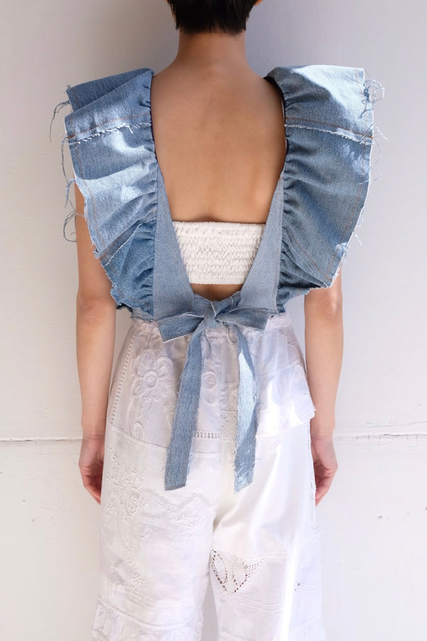 denim frill backless top