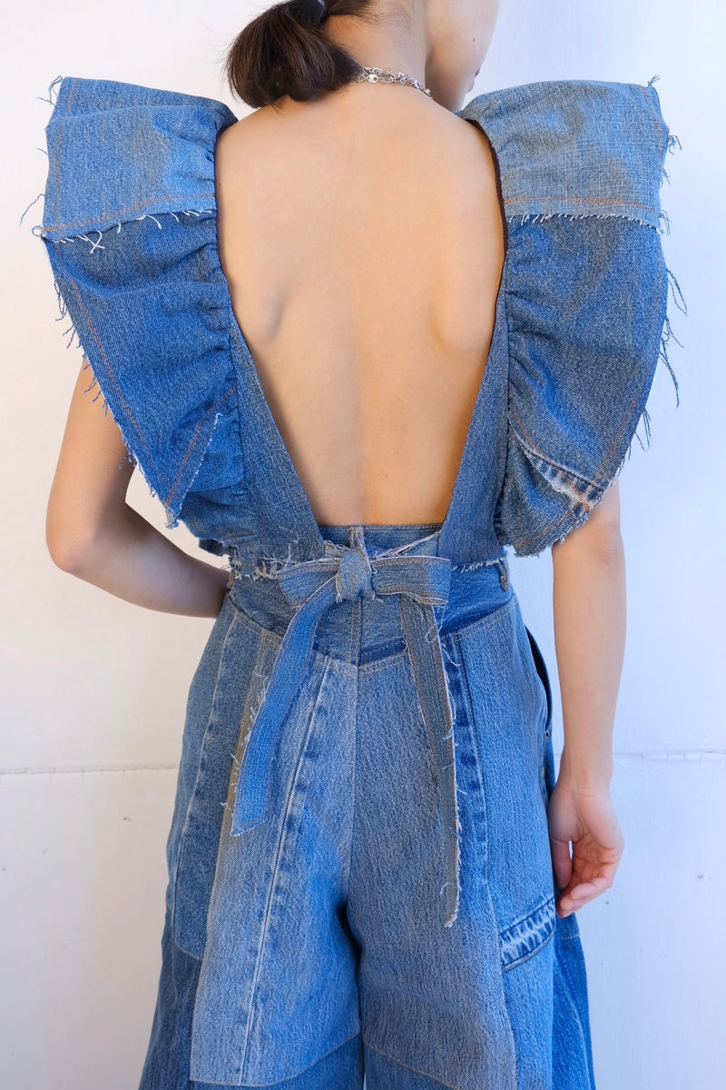 denim frill backless top