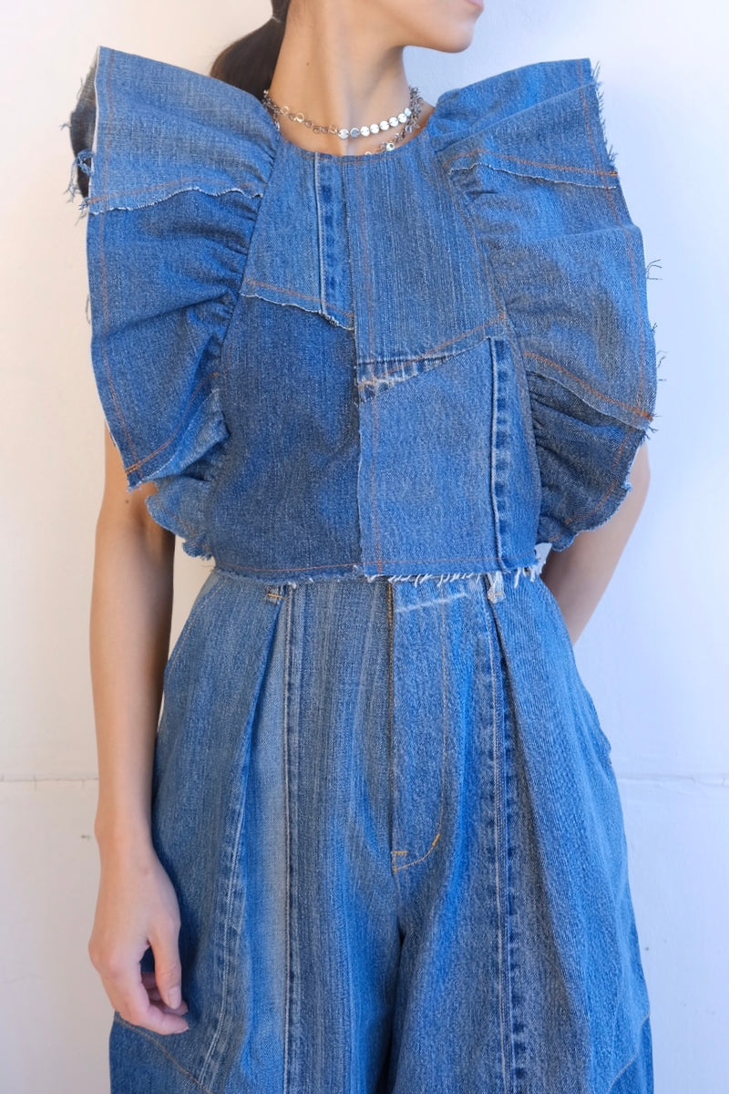 denim frill backless top