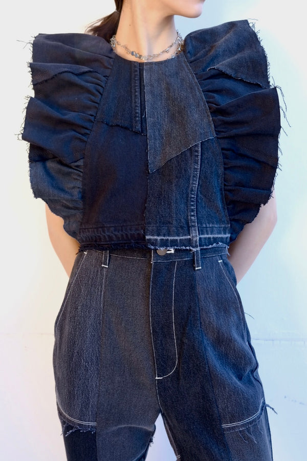 denim frill backless top