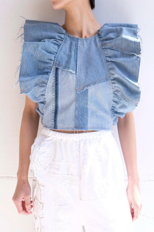 denim frill backless top