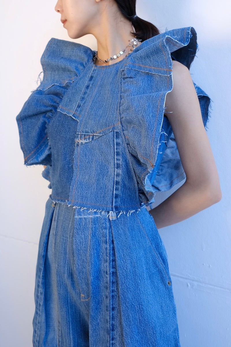 denim frill backless top